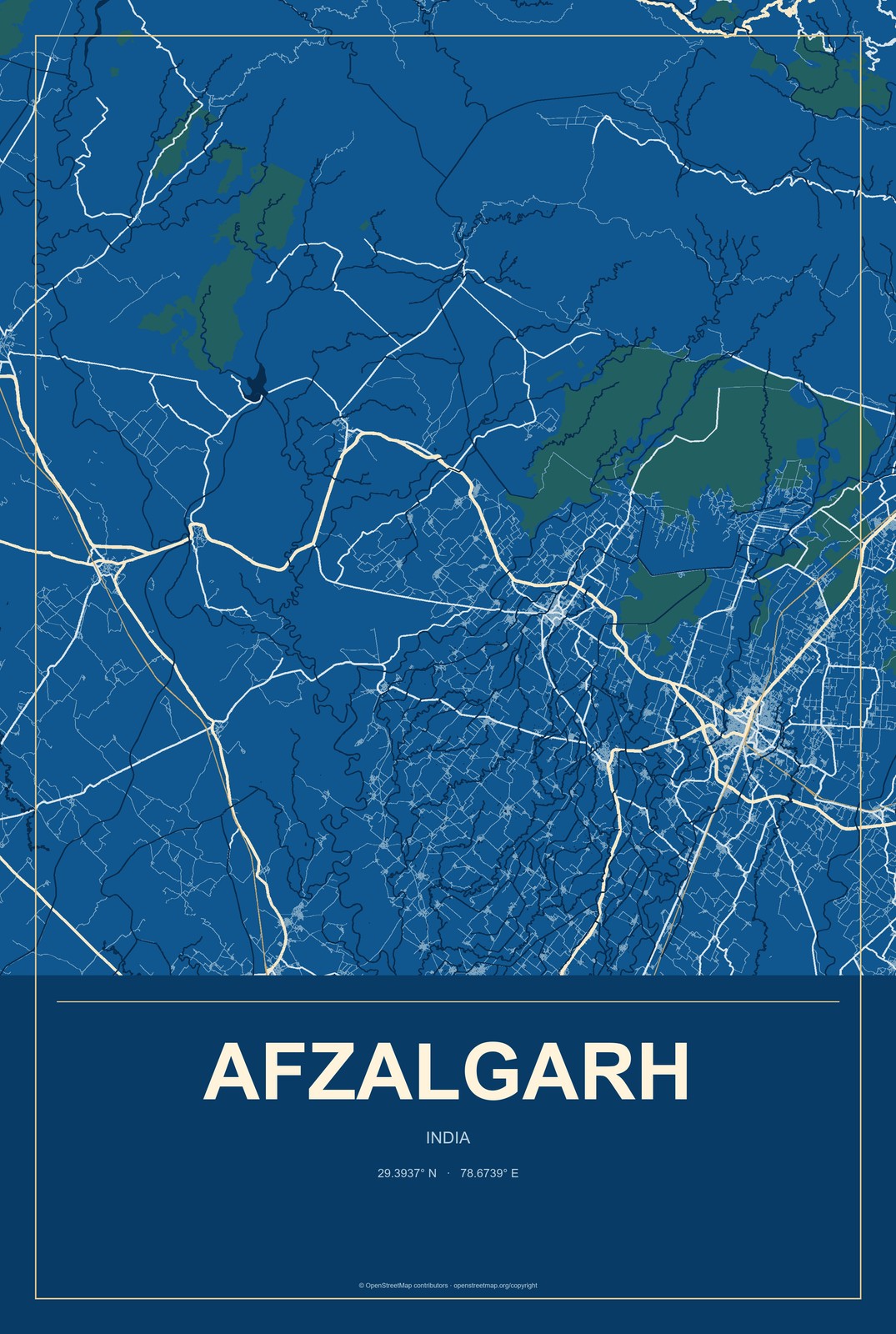 Afzalgarh, India City Map Aluminum Sign in Harbor Cobalt style