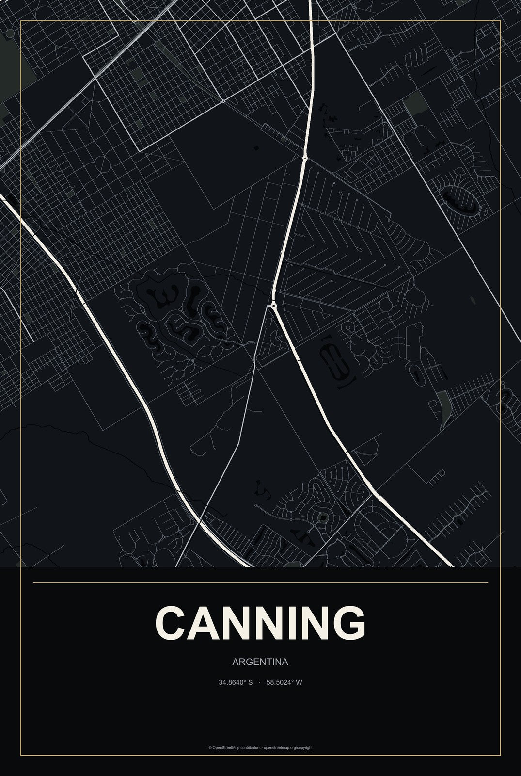Canning, Argentina City Map Aluminum Sign in Metropolitan Noir style