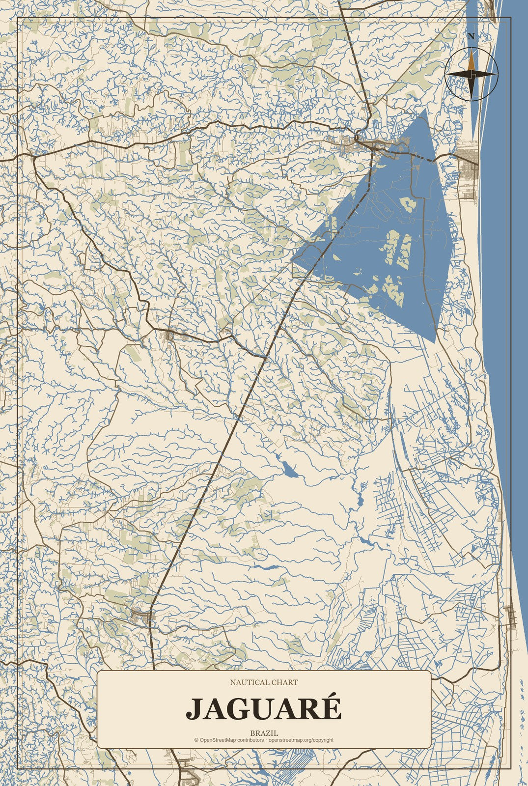 Jaguaré, Brazil City Map Aluminum Sign in Heritage Nautical style