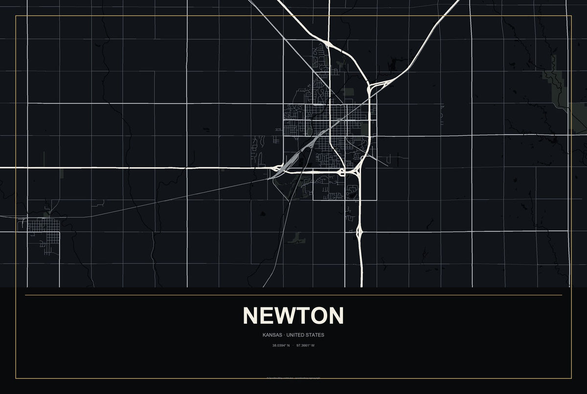 Newton, Kansas City Map Aluminum Sign in Metropolitan Noir style