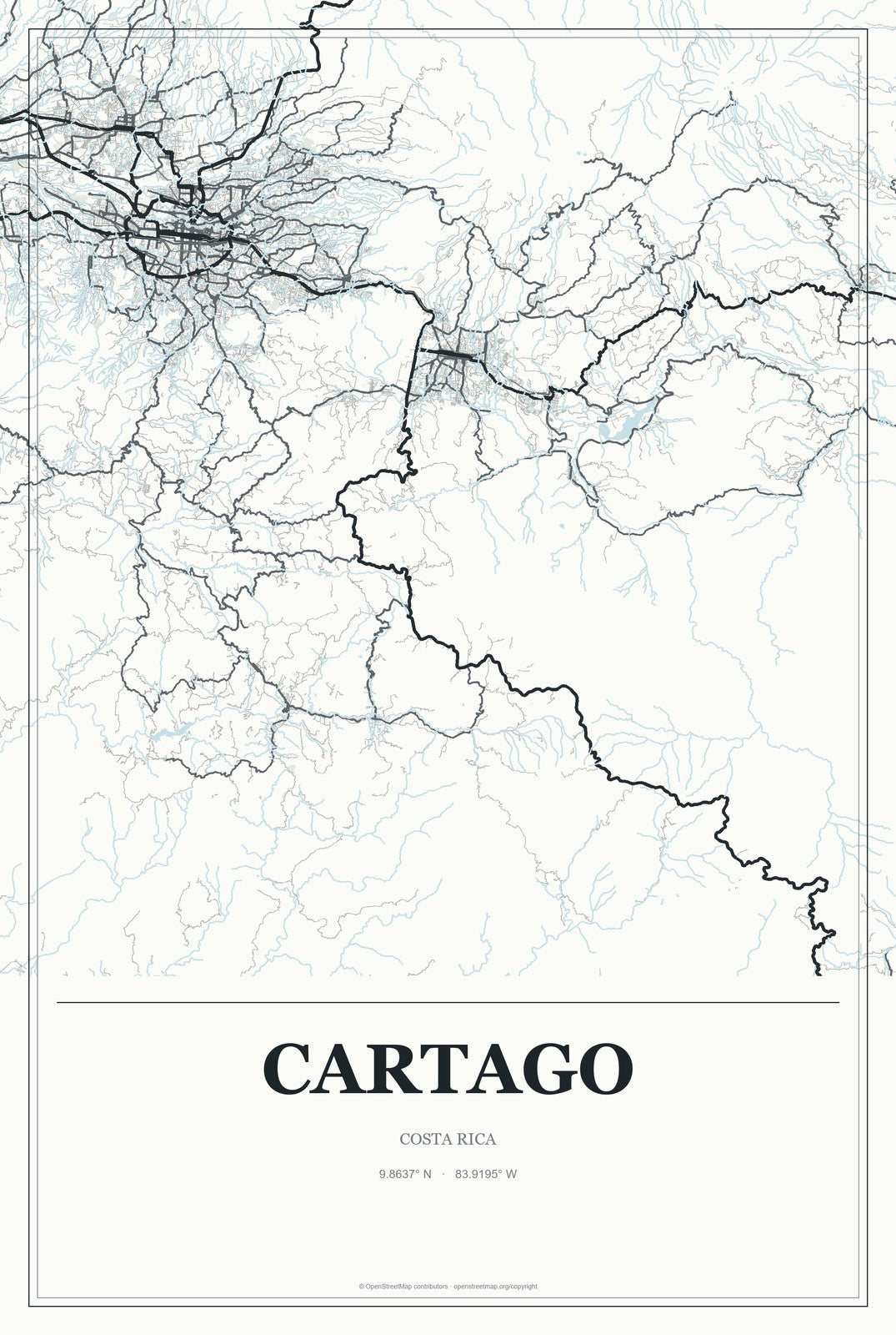 Cartago, Costa Rica City Map Aluminum Sign in Gallery Air style