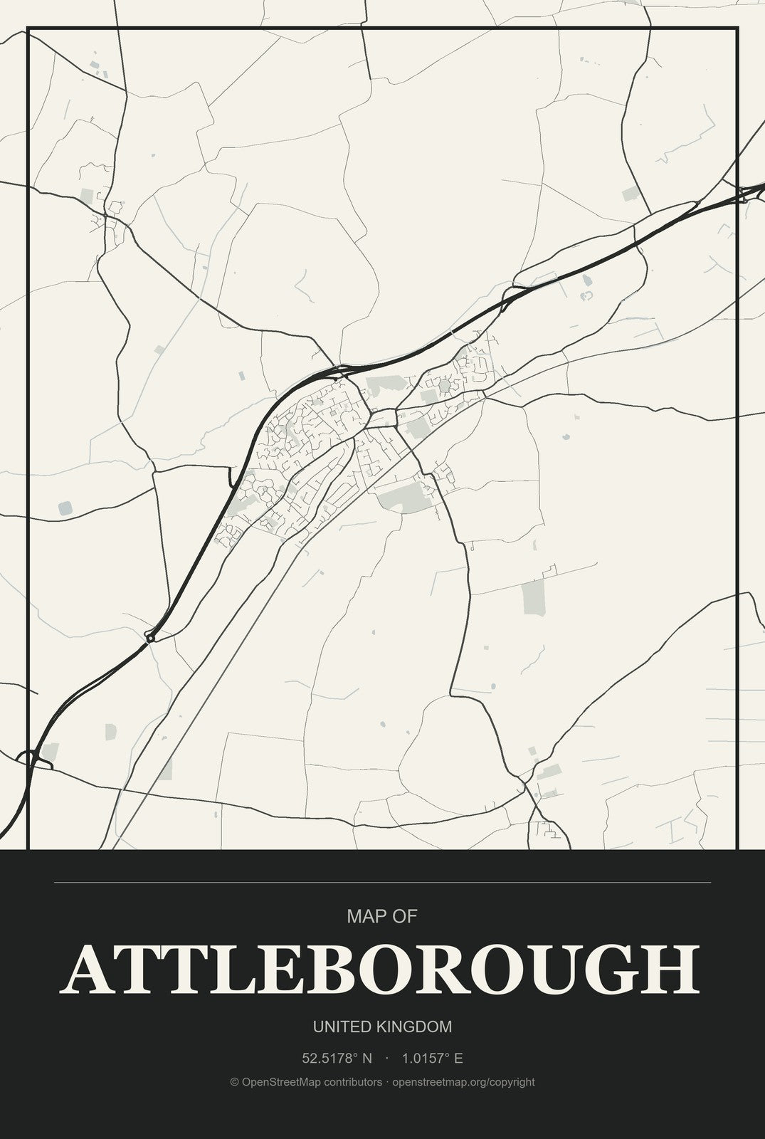 Attleborough, United Kingdom City Map Aluminum Sign in Museum Plaque style