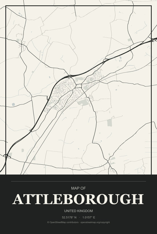 Attleborough, United Kingdom City Map Aluminum Sign in Museum Plaque style