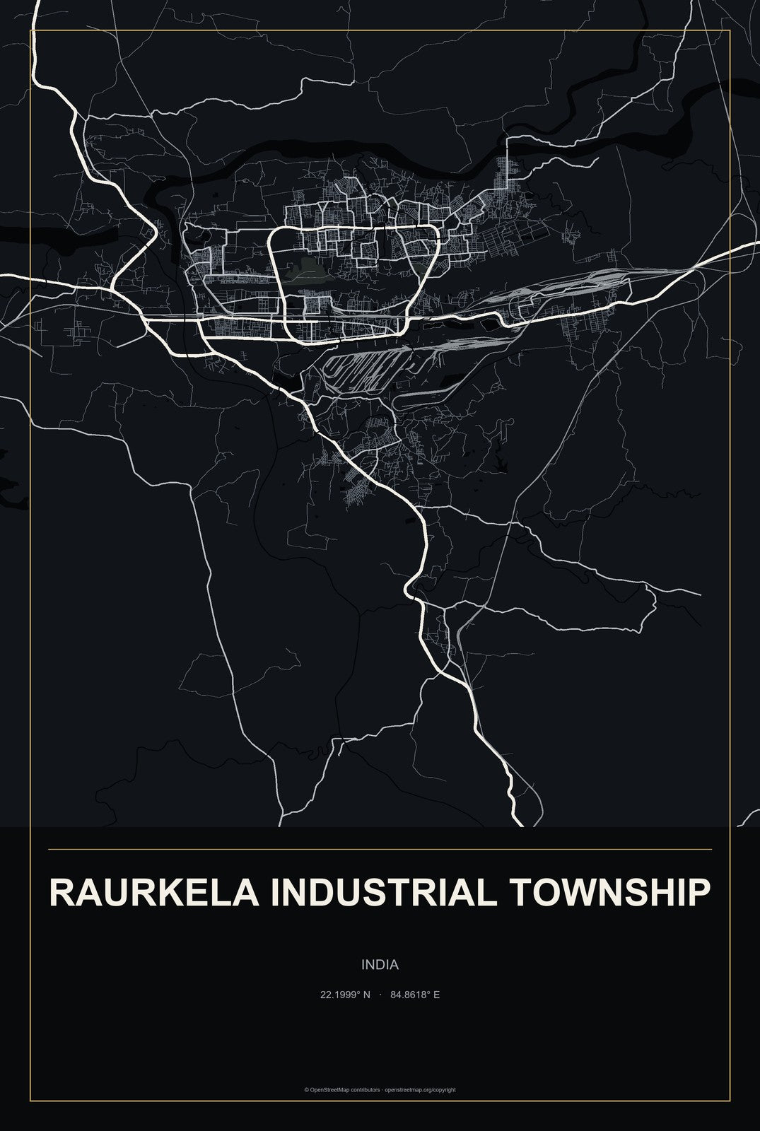Raurkela Industrial Township, India City Map Aluminum Sign in Metropolitan Noir style