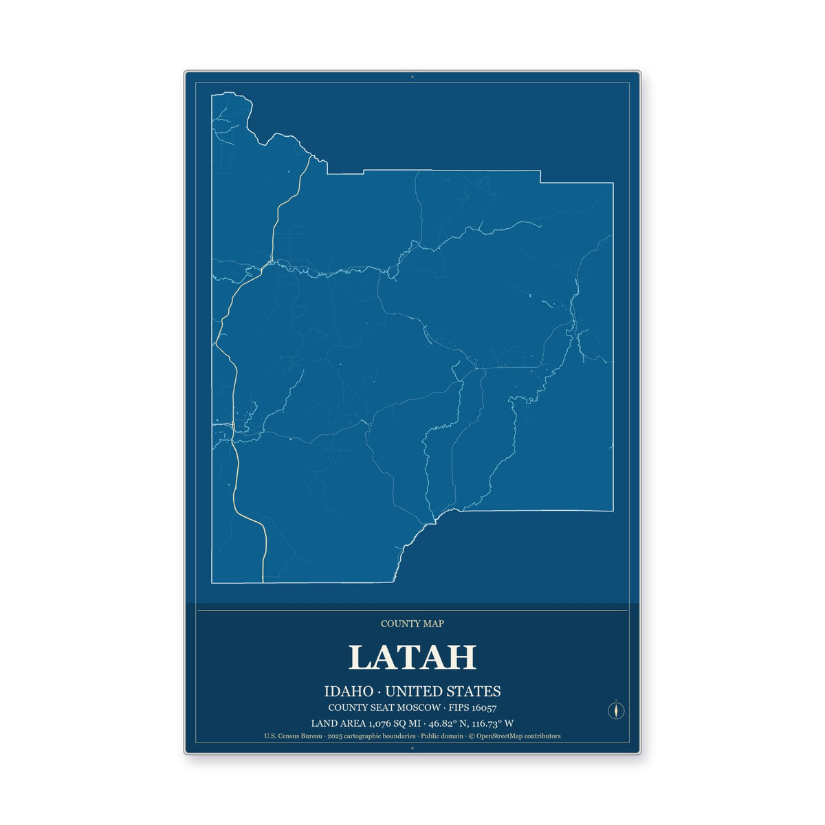 Latah County, Idaho Map Aluminum Sign in Harbor Cobalt style