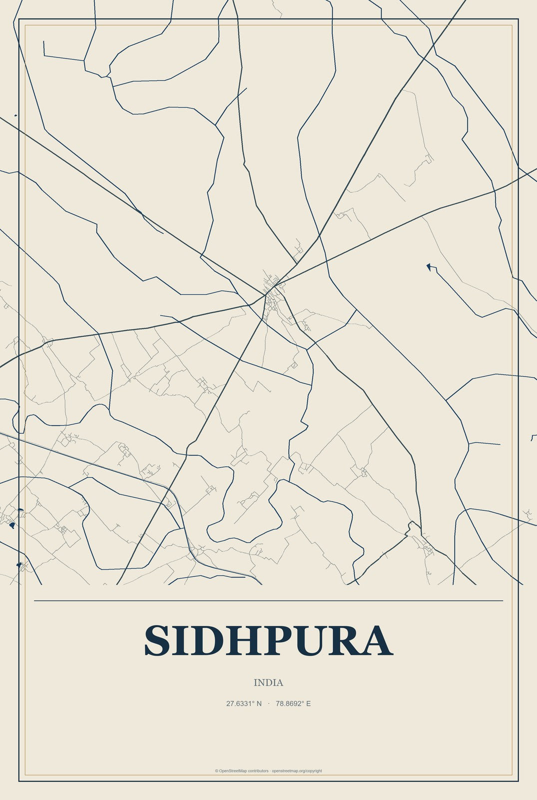 Sidhpura, India City Map Aluminum Sign in Coastal Cutout style