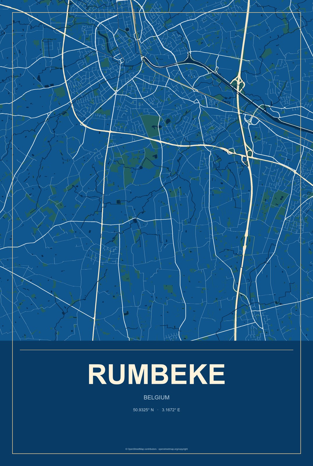 Rumbeke, Belgium City Map Aluminum Sign in Harbor Cobalt style
