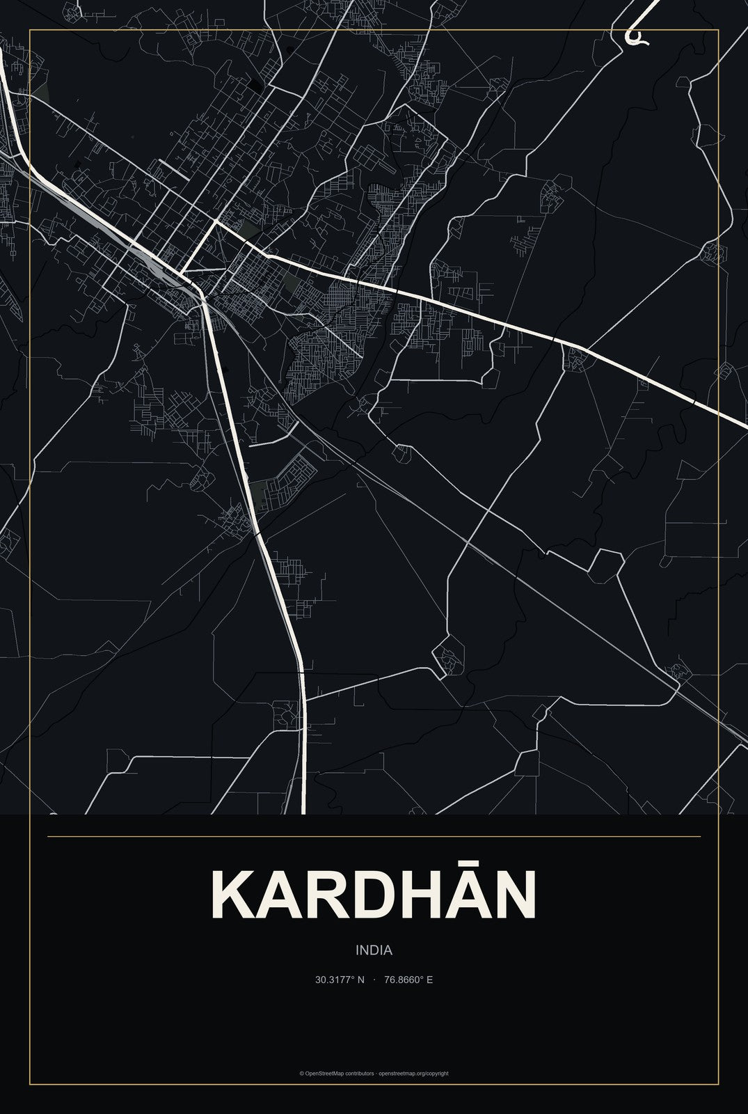 Kardhān, India City Map Aluminum Sign in Metropolitan Noir style
