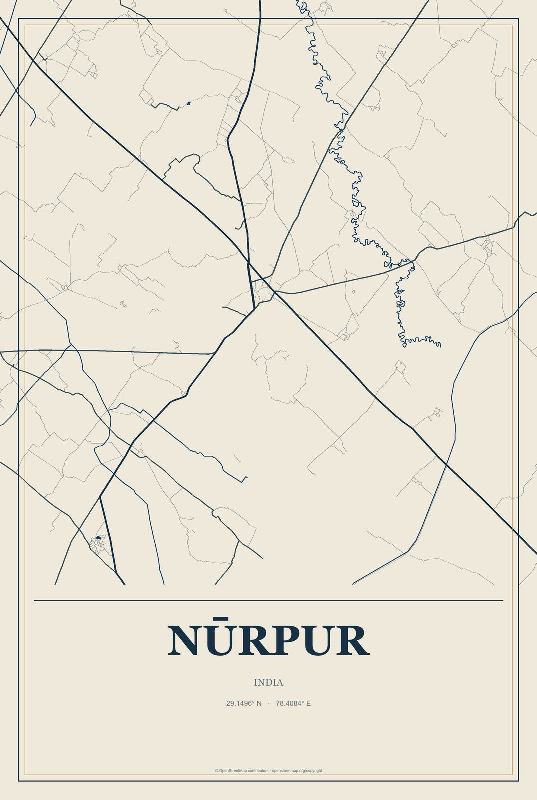 Nūrpur, India City Map Aluminum Sign in Coastal Cutout style