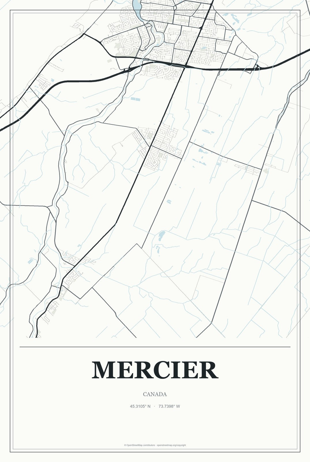Mercier, Canada City Map Aluminum Sign in Gallery Air style