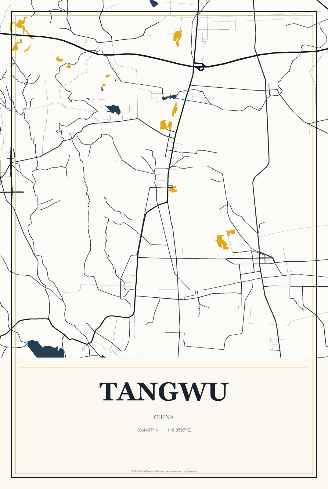Tangwu, China City Map Aluminum Sign in Citrine Modern style