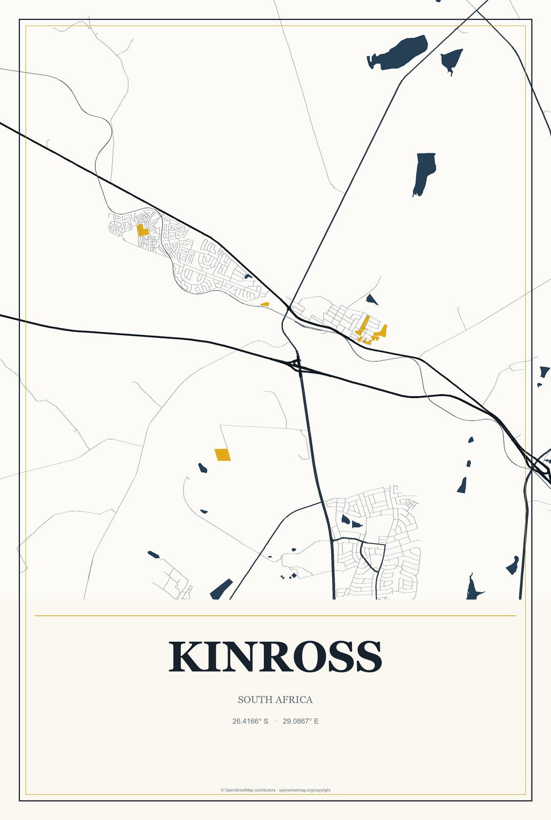 Kinross, South Africa City Map Aluminum Sign in Citrine Modern style