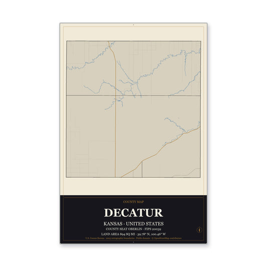 Decatur County, Kansas Map Aluminum Sign in Museum Plaque style