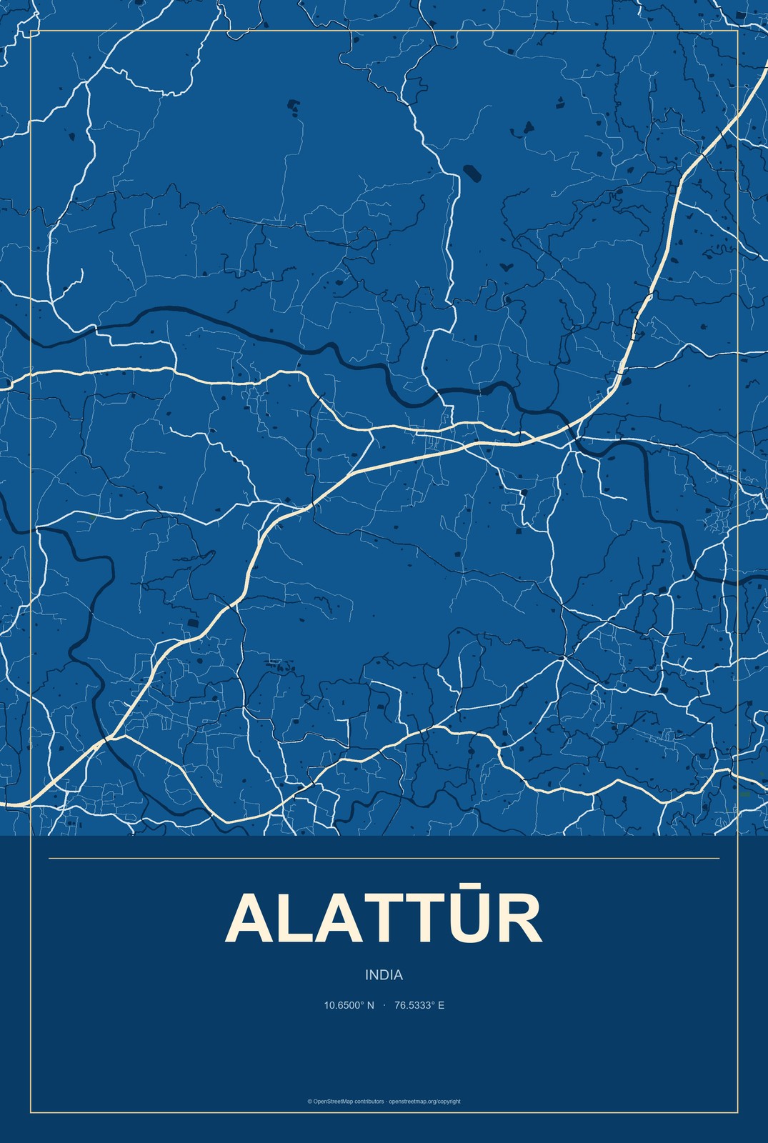 Alattūr, India City Map Aluminum Sign in Harbor Cobalt style