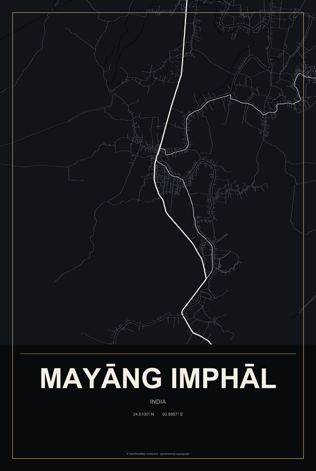 Mayāng Imphāl, India City Map Aluminum Sign in Metropolitan Noir style