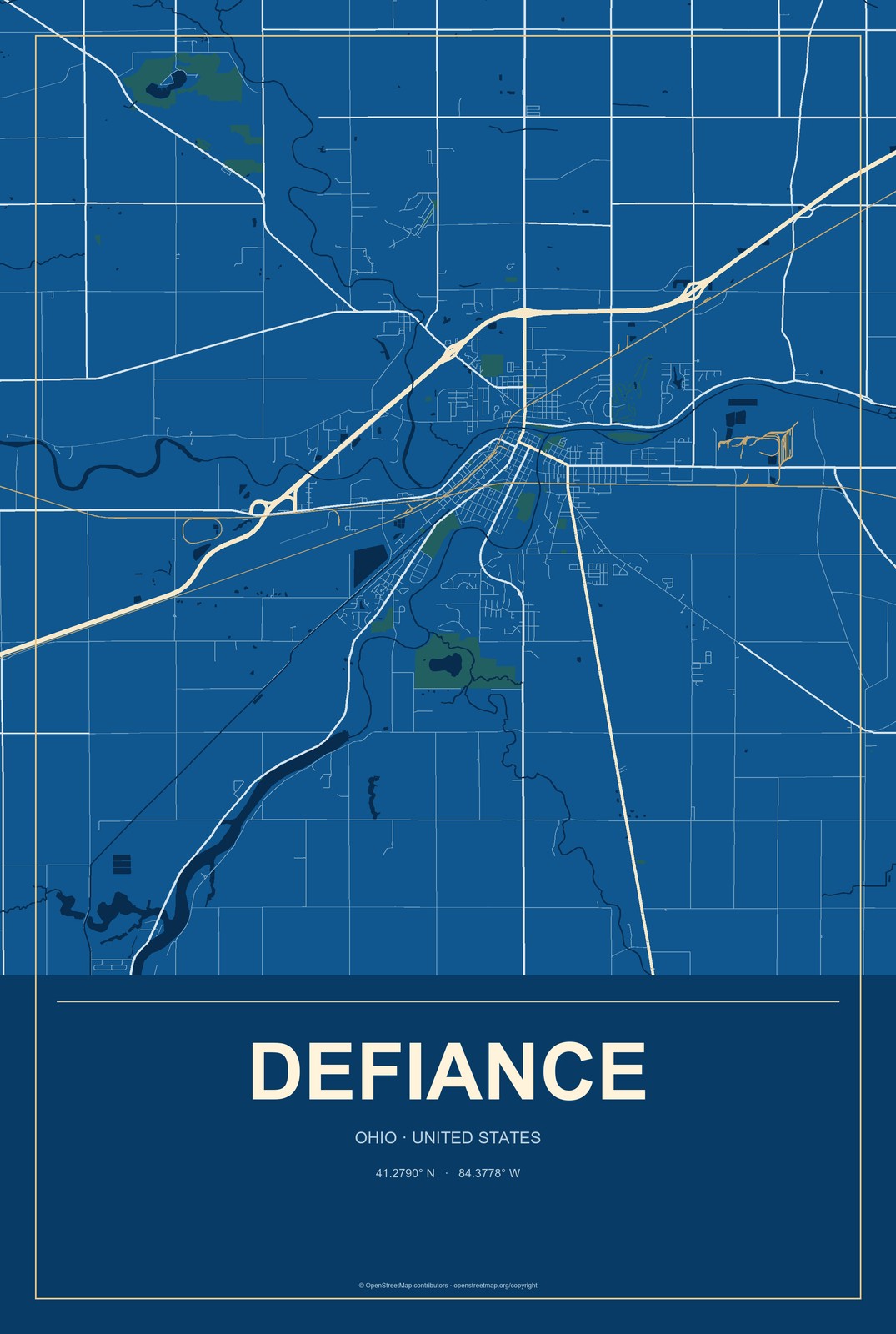 Defiance, Ohio City Map Aluminum Sign in Harbor Cobalt style