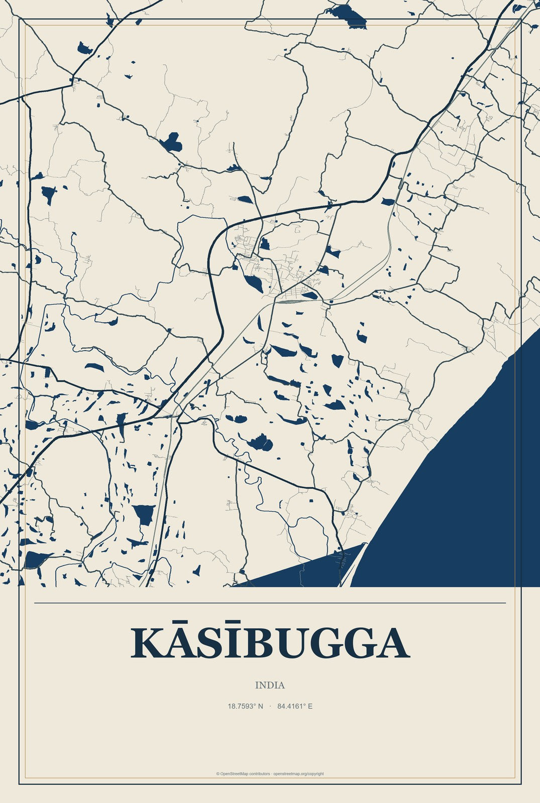 Kāsībugga, India City Map Aluminum Sign in Coastal Cutout style