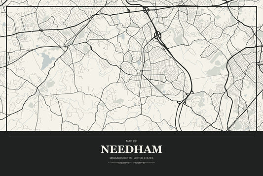 Needham, Massachusetts City Map Aluminum Sign in Museum Plaque style