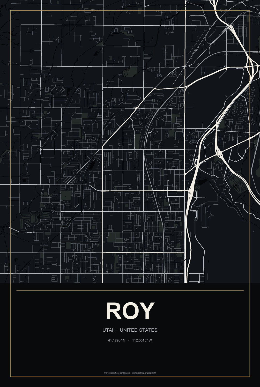 Roy, Utah City Map Aluminum Sign in Metropolitan Noir style