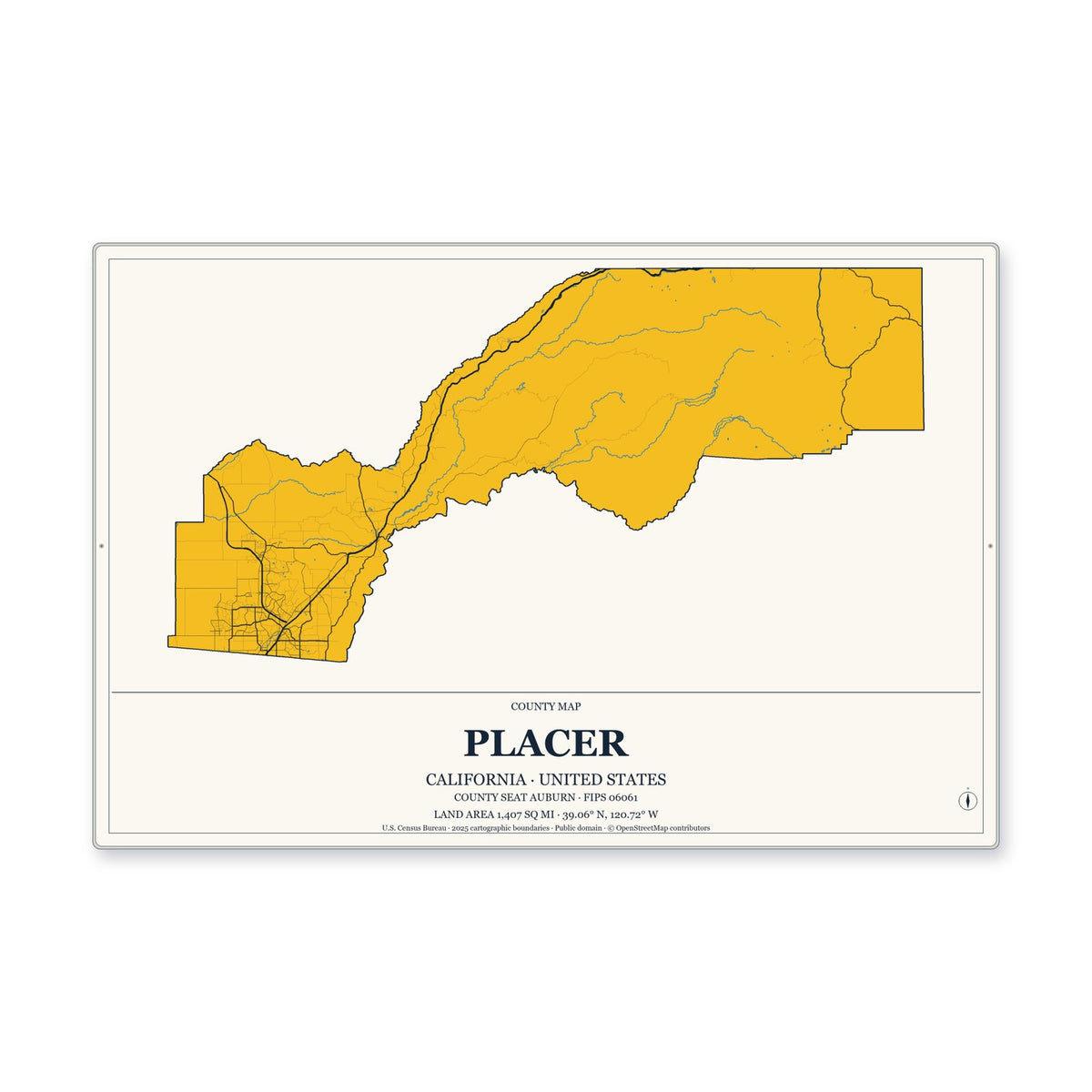 Placer County, California Map Aluminum Sign in Citrine Modern style
