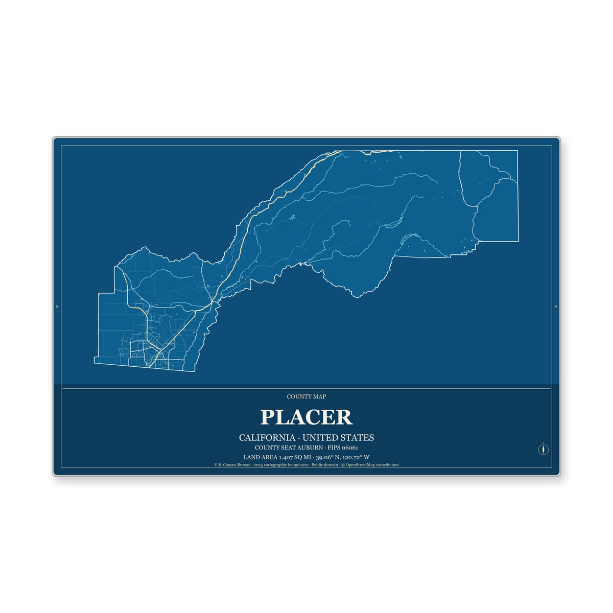 Placer County, California Map Aluminum Sign in Harbor Cobalt style
