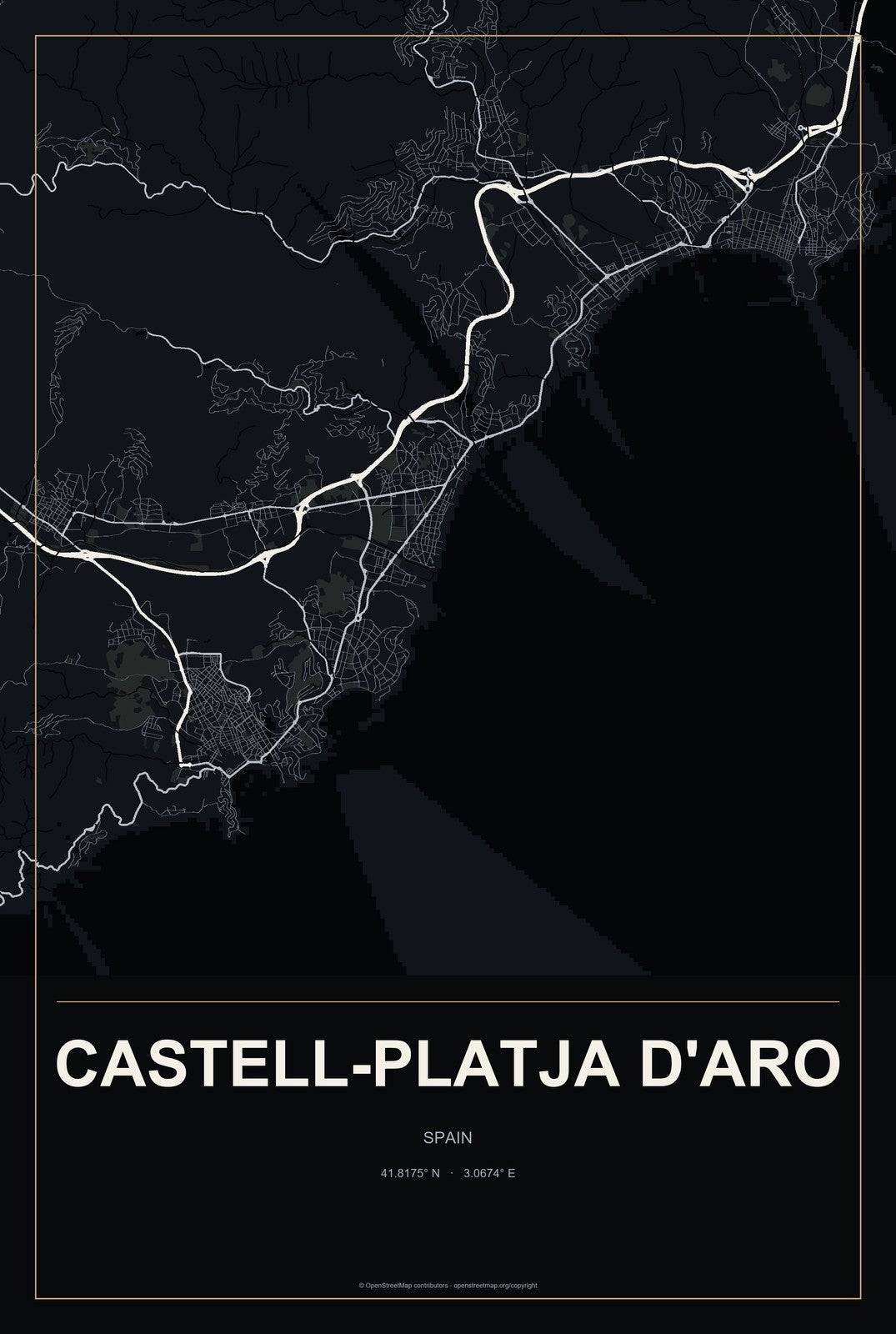 Castell-Platja d'Aro, Spain City Map Aluminum Sign in Metropolitan Noir style