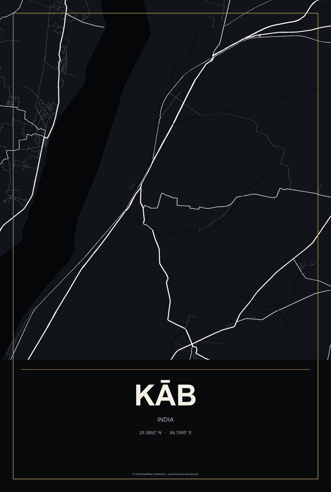 Kāb, India City Map Aluminum Sign in Metropolitan Noir style