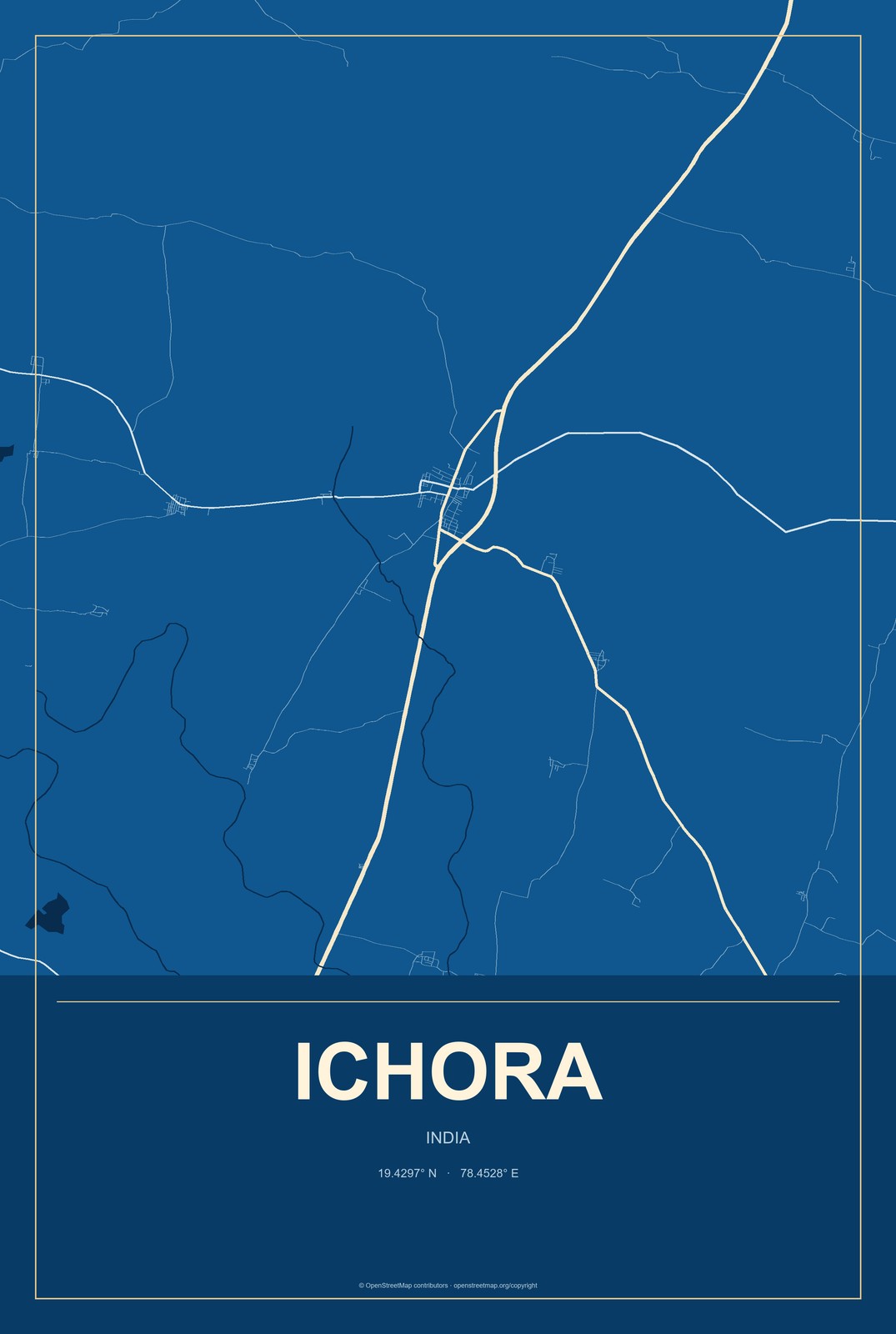Ichora, India City Map Aluminum Sign in Harbor Cobalt style