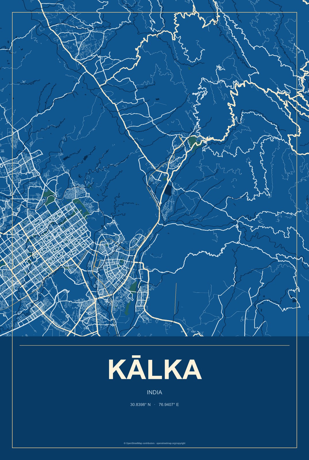 Kālka, India City Map Aluminum Sign in Harbor Cobalt style