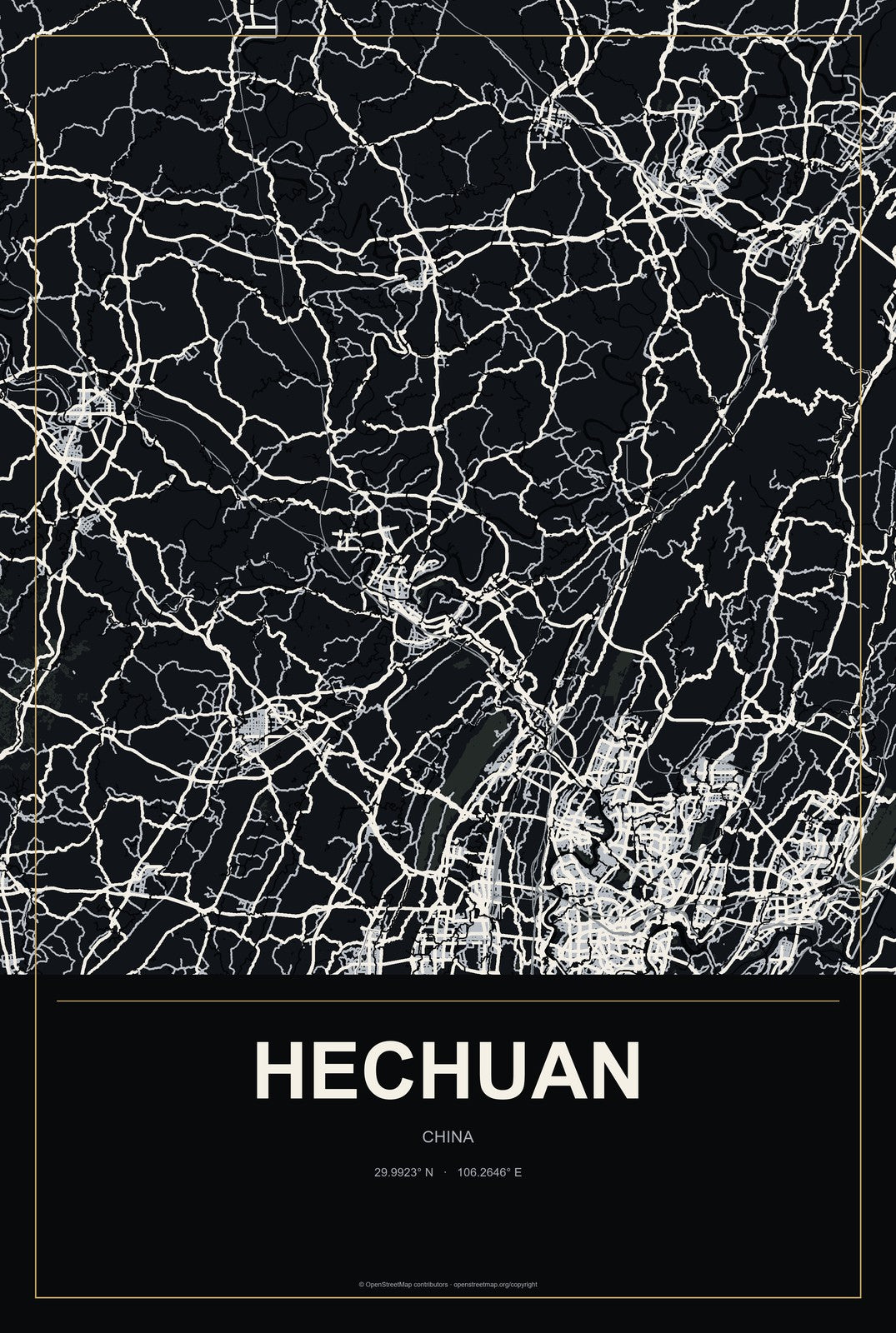 Hechuan, China City Map Aluminum Sign in Metropolitan Noir style