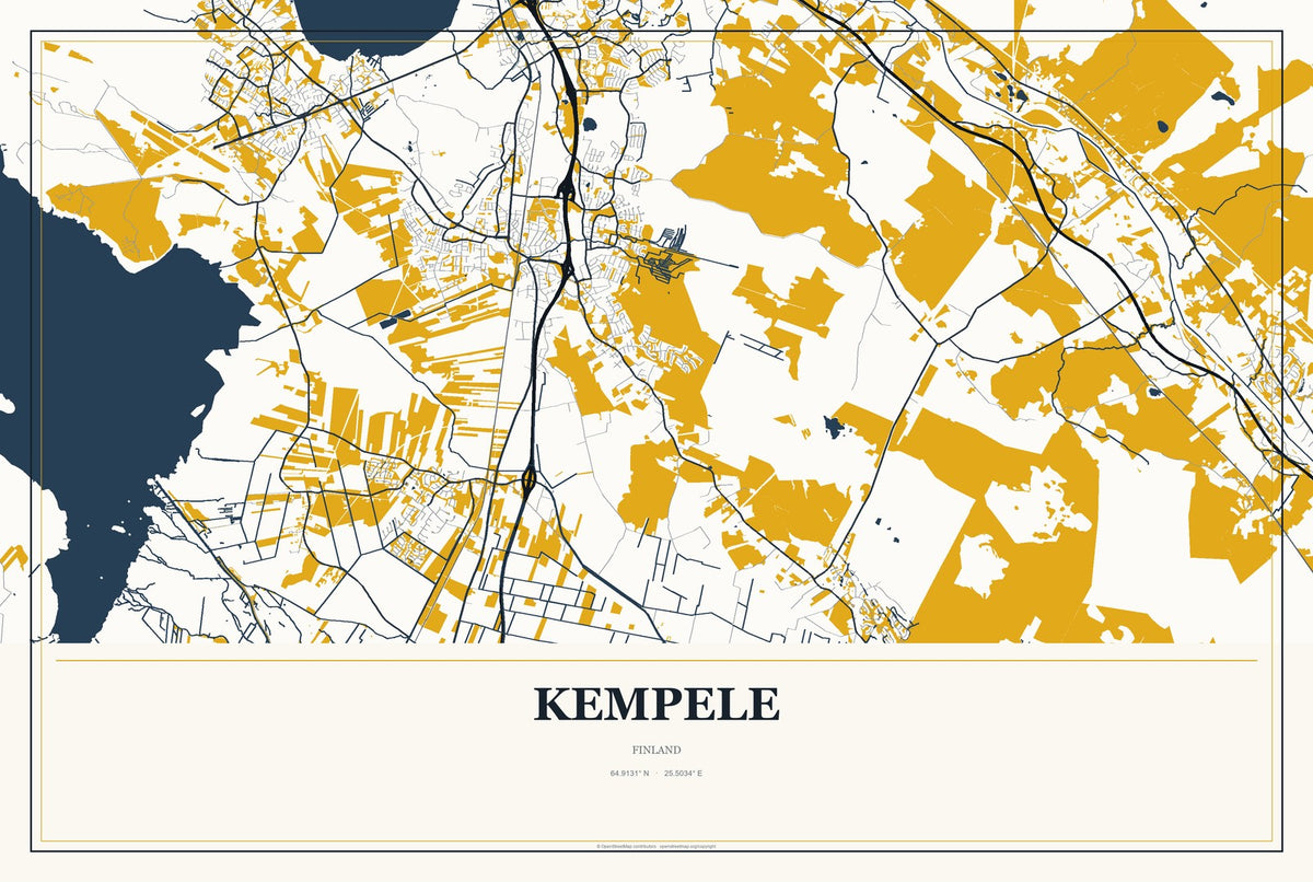 Kempele, Finland City Map Aluminum Sign in Citrine Modern style