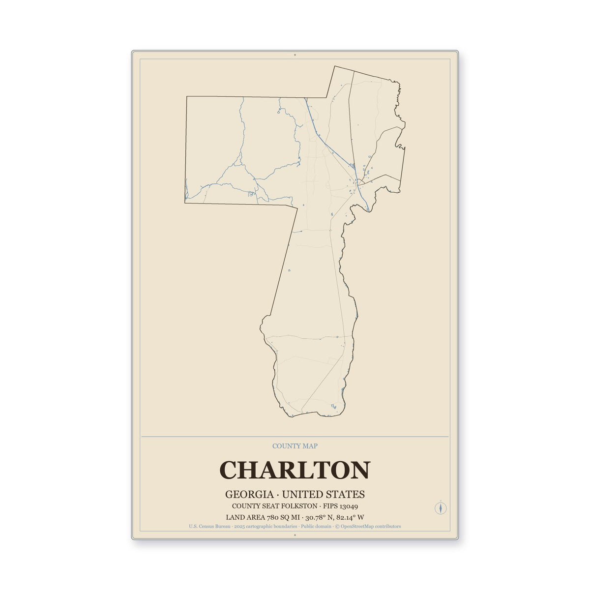 Charlton County, Georgia Map Aluminum Sign in Heritage Nautical style