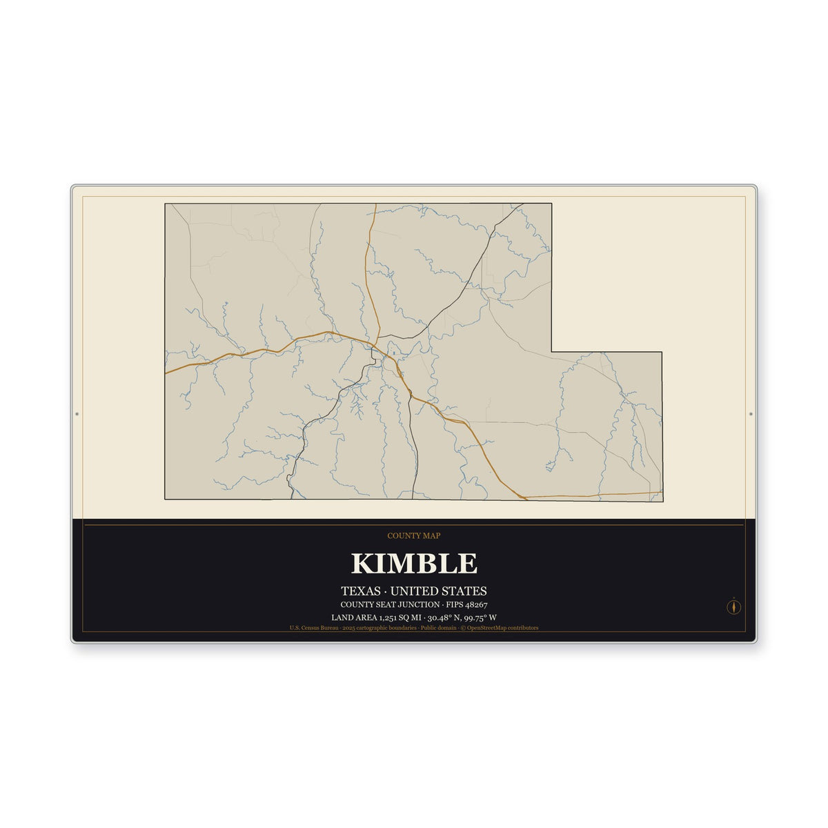 Kimble County, Texas Map Aluminum Sign in Museum Plaque style