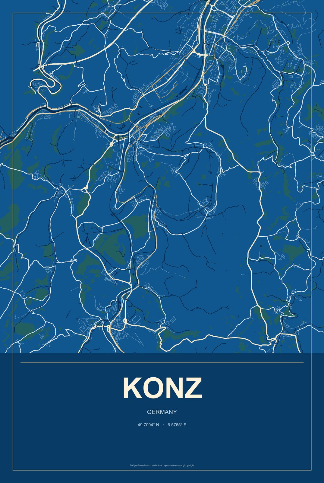 Konz, Germany City Map Aluminum Sign in Harbor Cobalt style