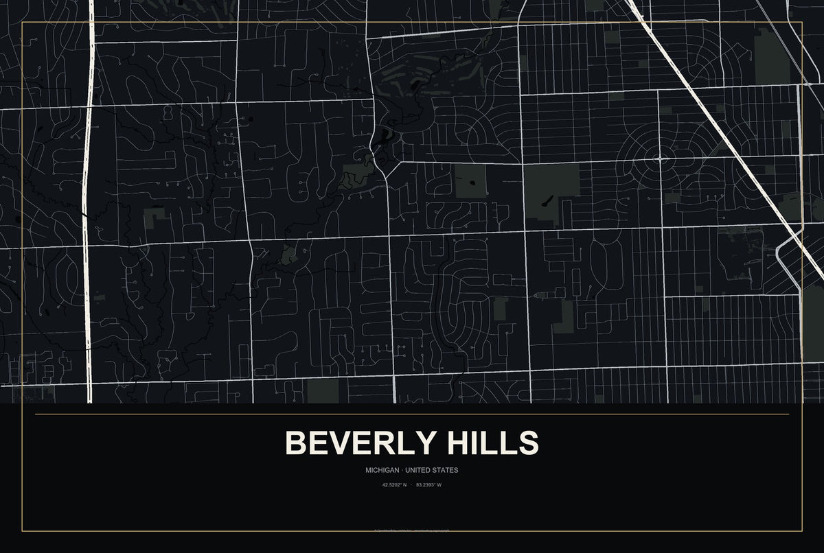 Beverly Hills, Michigan City Map Aluminum Sign in Metropolitan Noir style
