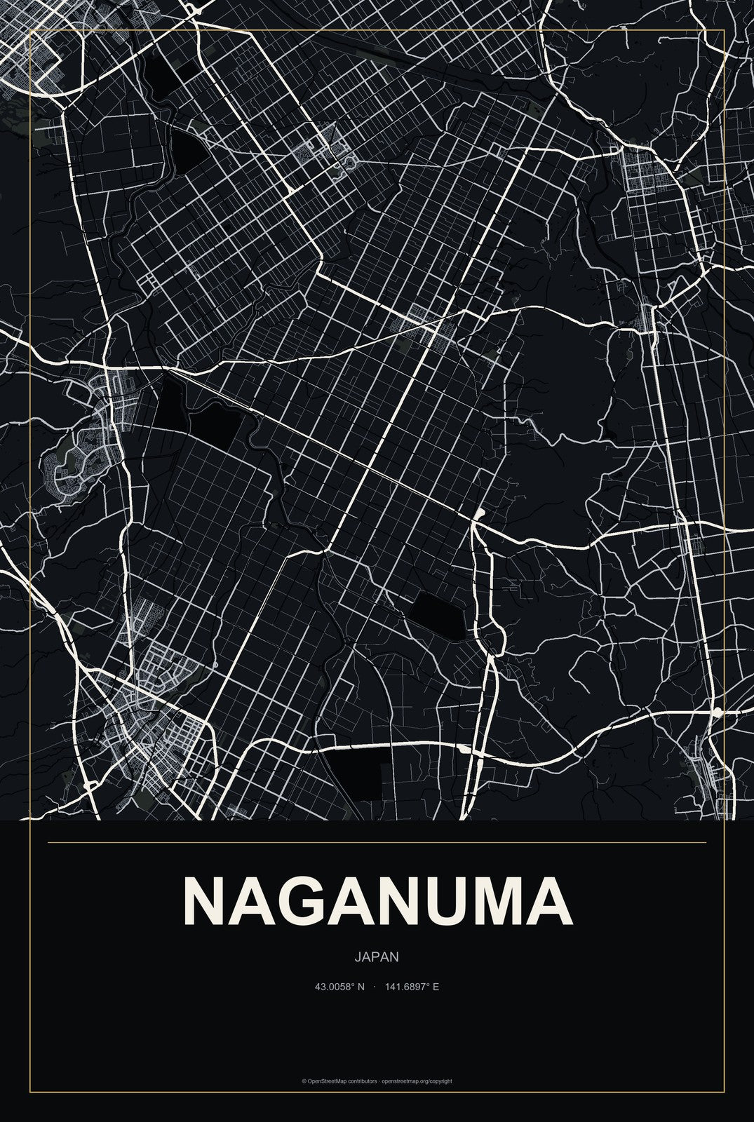 Naganuma, Japan City Map Aluminum Sign in Metropolitan Noir style
