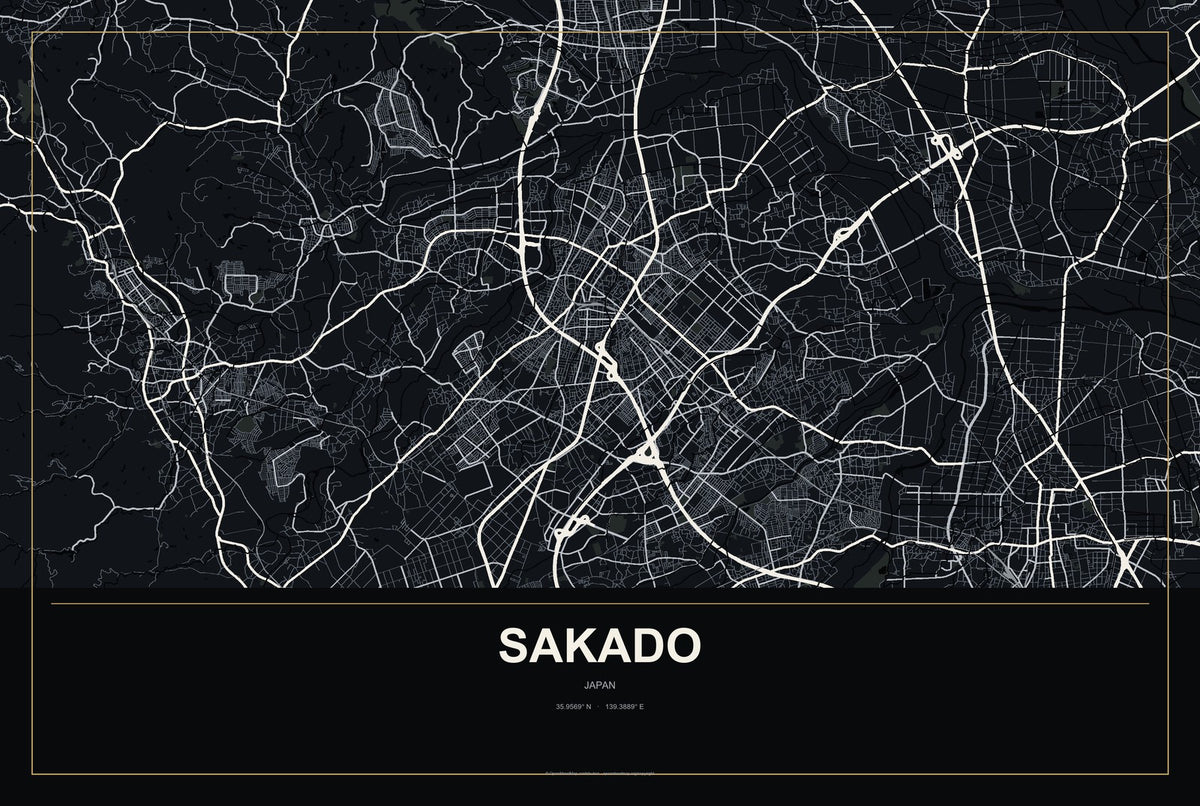 Sakado, Japan City Map Aluminum Sign in Metropolitan Noir style
