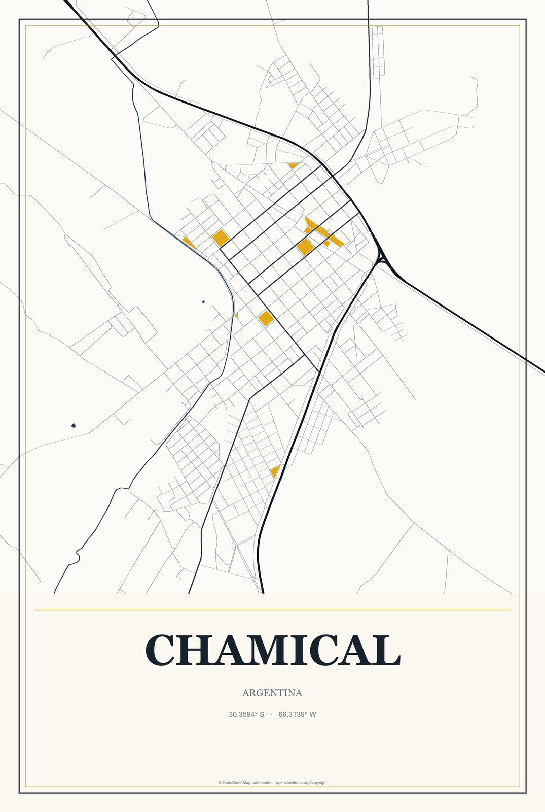 Chamical, Argentina City Map Aluminum Sign in Citrine Modern style
