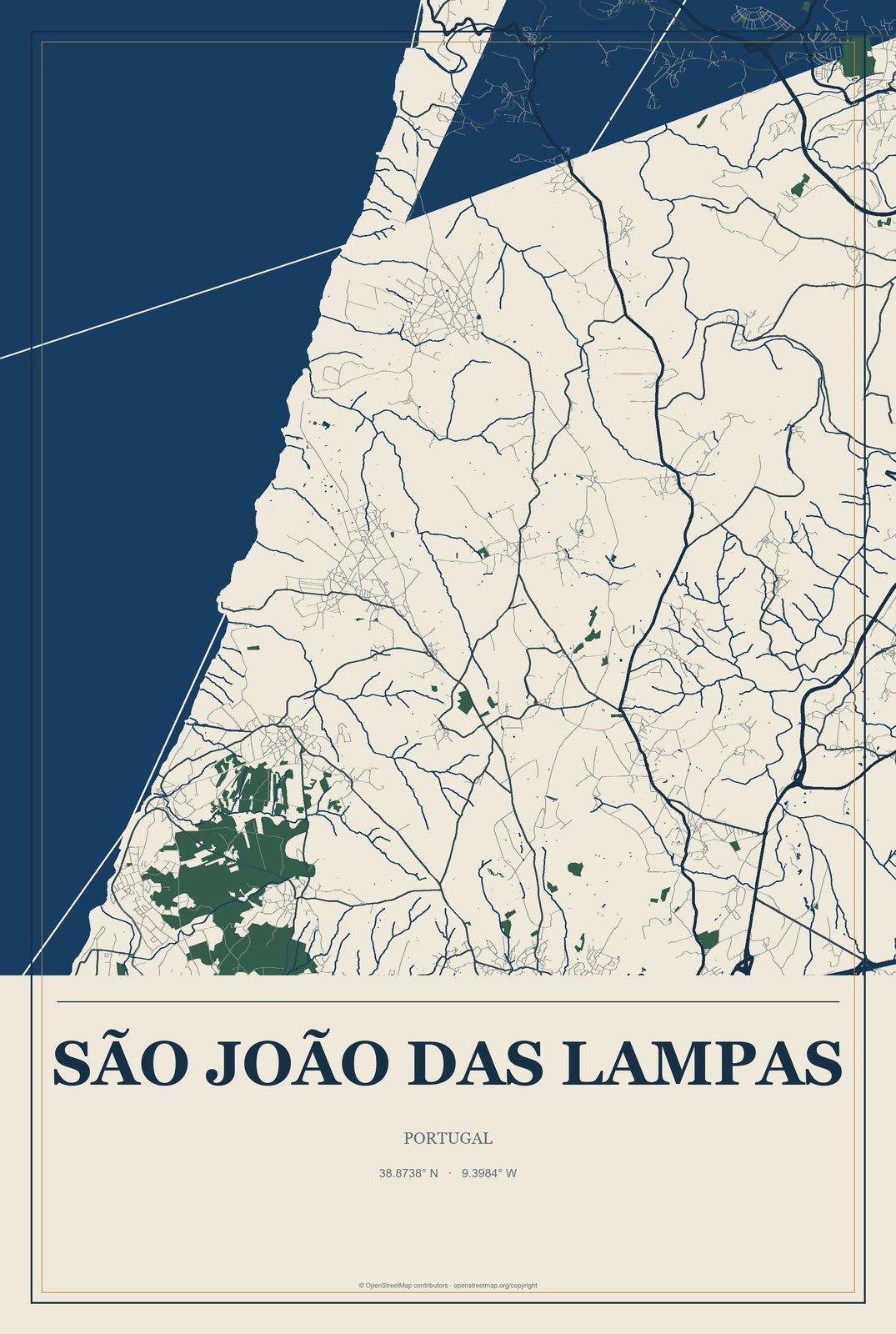 São João das Lampas, Portugal City Map Aluminum Sign in Coastal Cutout style