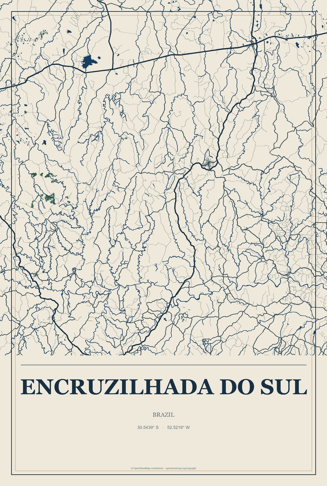Encruzilhada do Sul, Brazil City Map Aluminum Sign in Coastal Cutout style