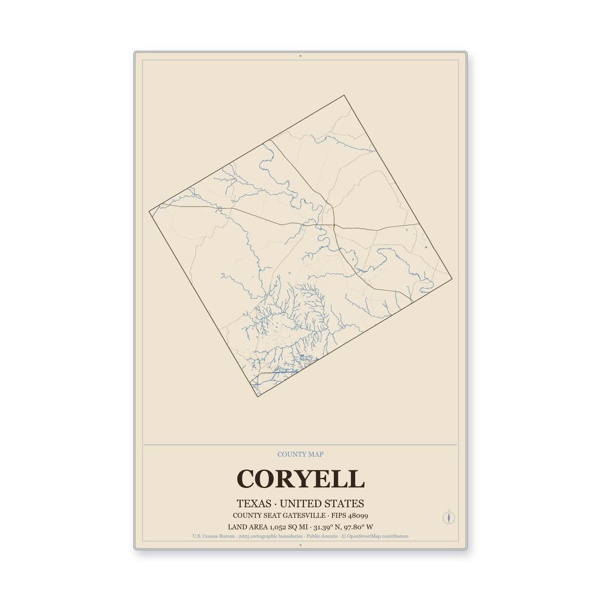 Coryell County, Texas Map Aluminum Sign in Heritage Nautical style