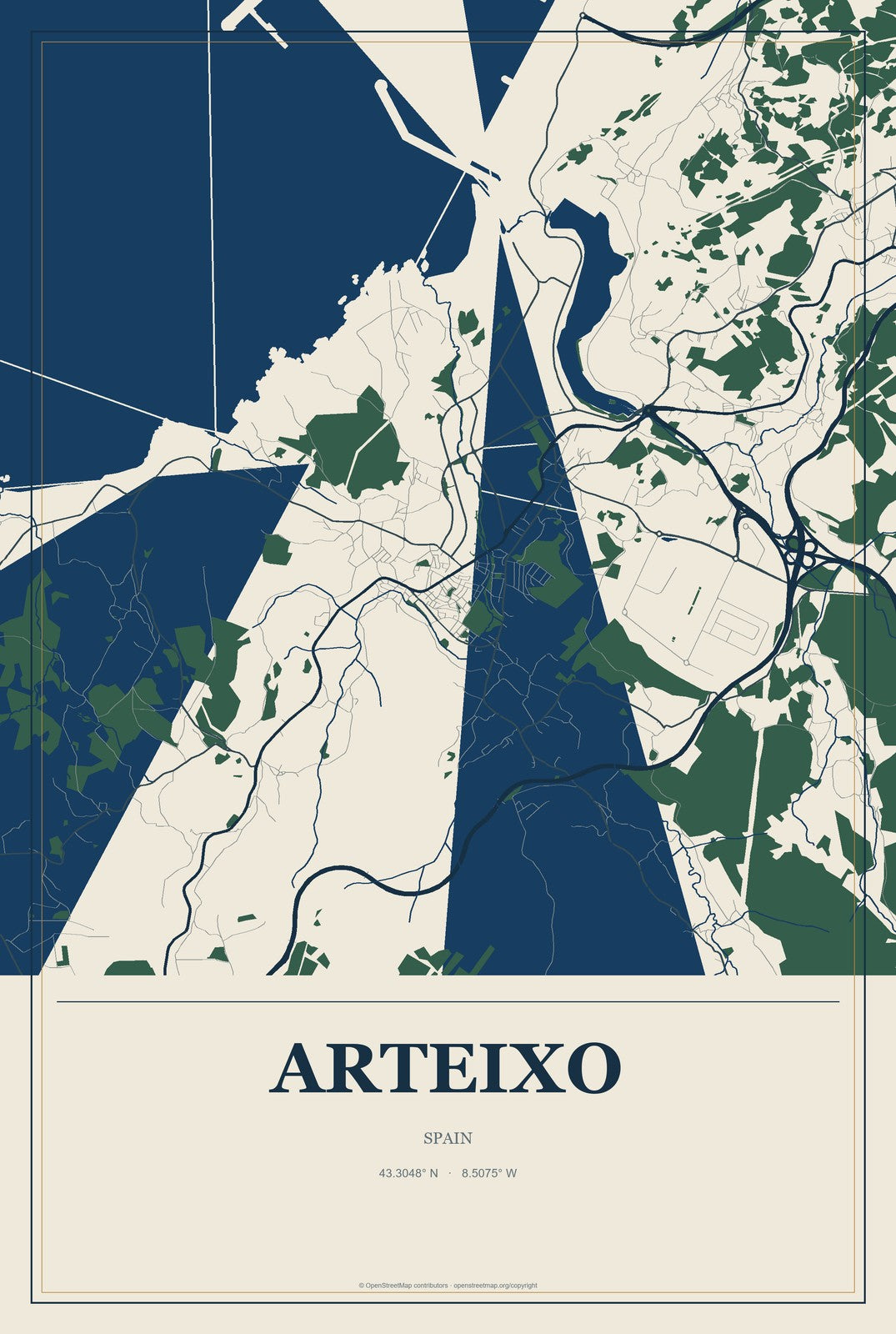 Arteixo, Spain City Map Aluminum Sign in Coastal Cutout style