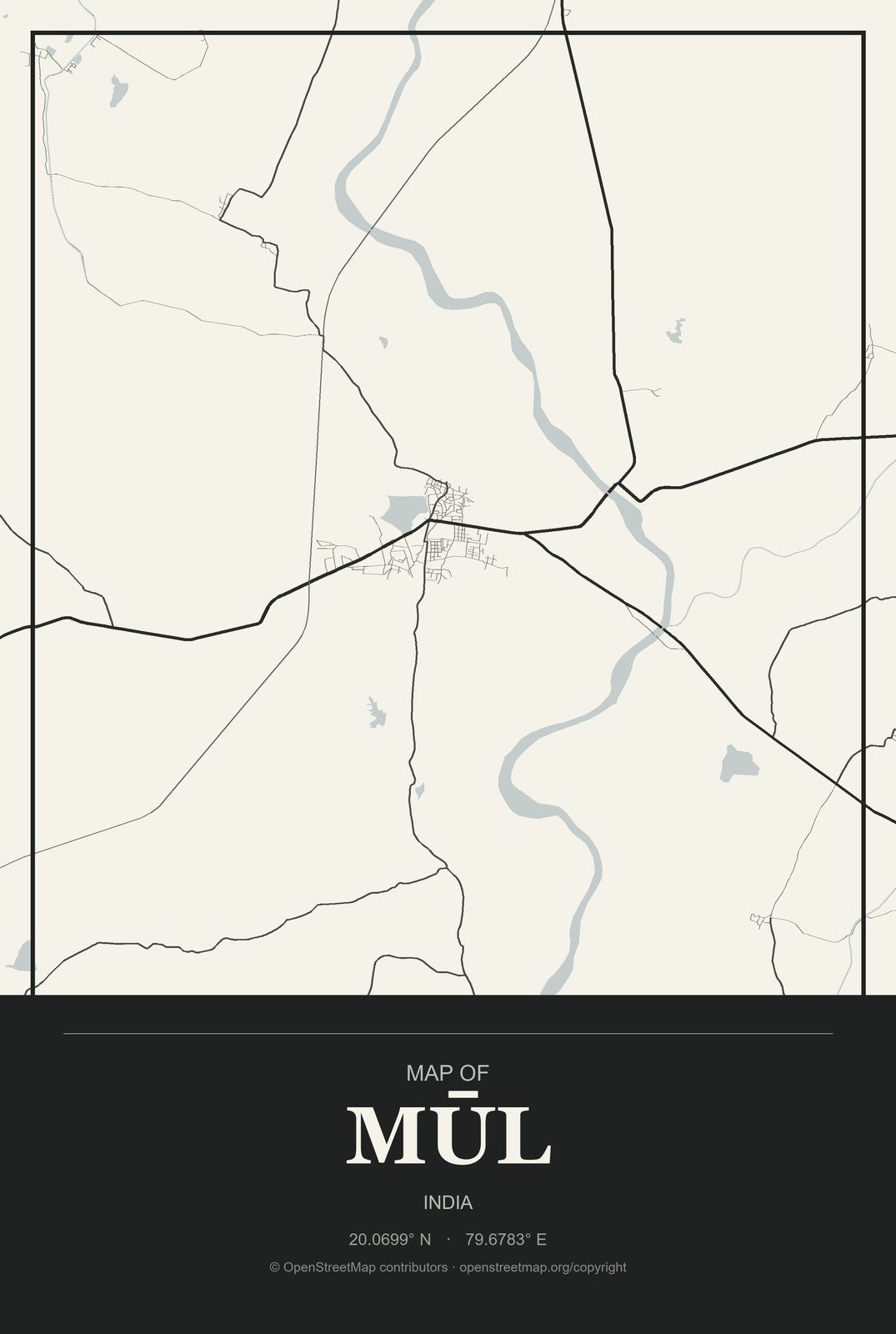 Mūl, India City Map Aluminum Sign in Museum Plaque style