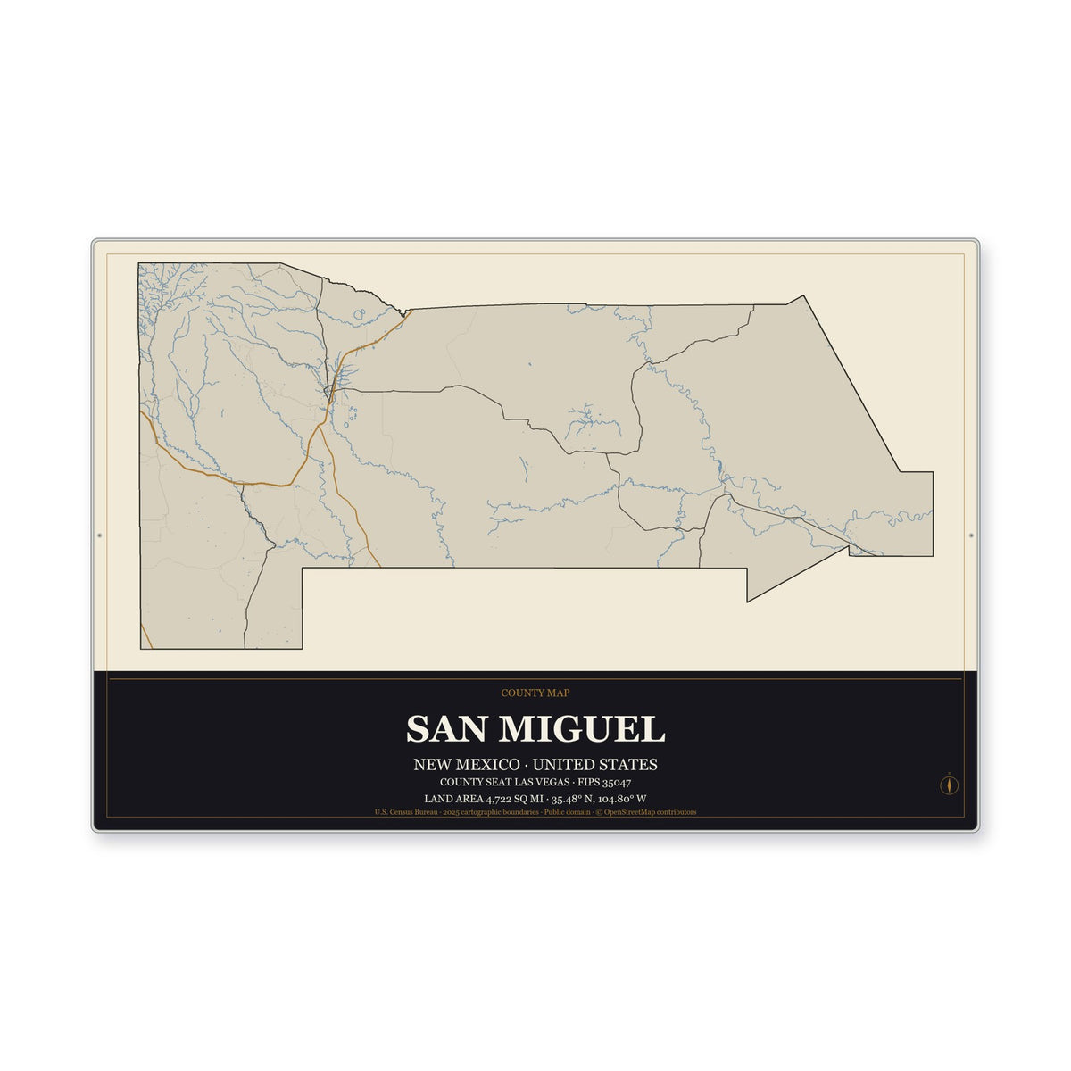 San Miguel County, New Mexico Map Aluminum Sign in Museum Plaque style
