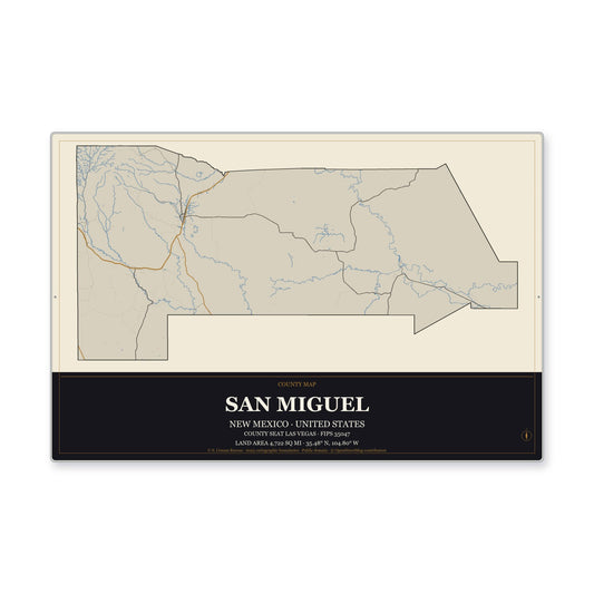 San Miguel County, New Mexico Map Aluminum Sign in Museum Plaque style
