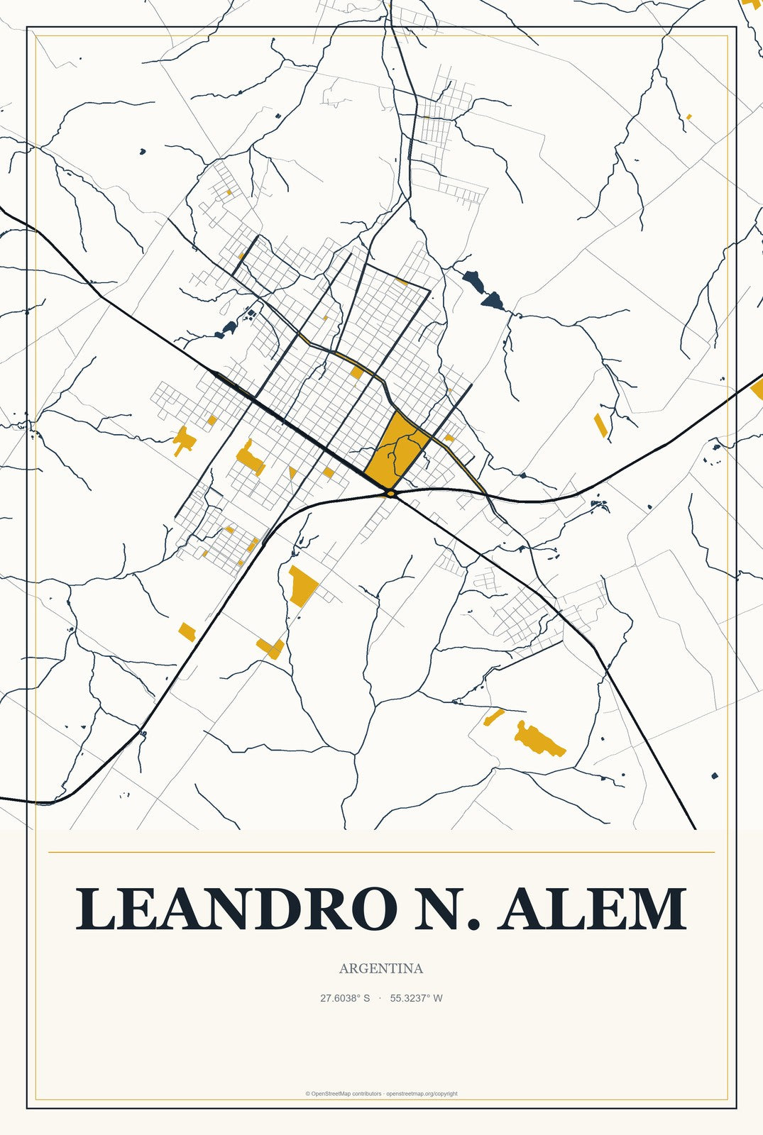 Leandro N. Alem, Argentina City Map Aluminum Sign in Citrine Modern style