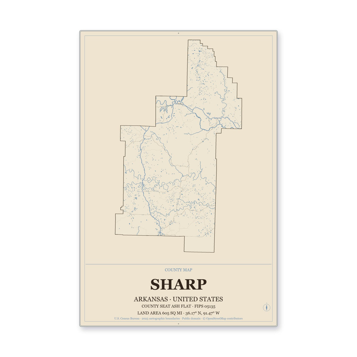 Sharp County, Arkansas Map Aluminum Sign in Heritage Nautical style