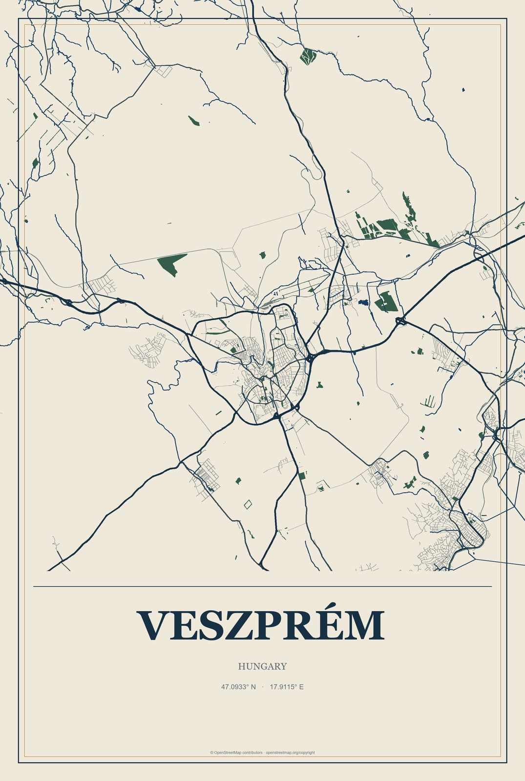 Veszprém, Hungary City Map Aluminum Sign in Coastal Cutout style