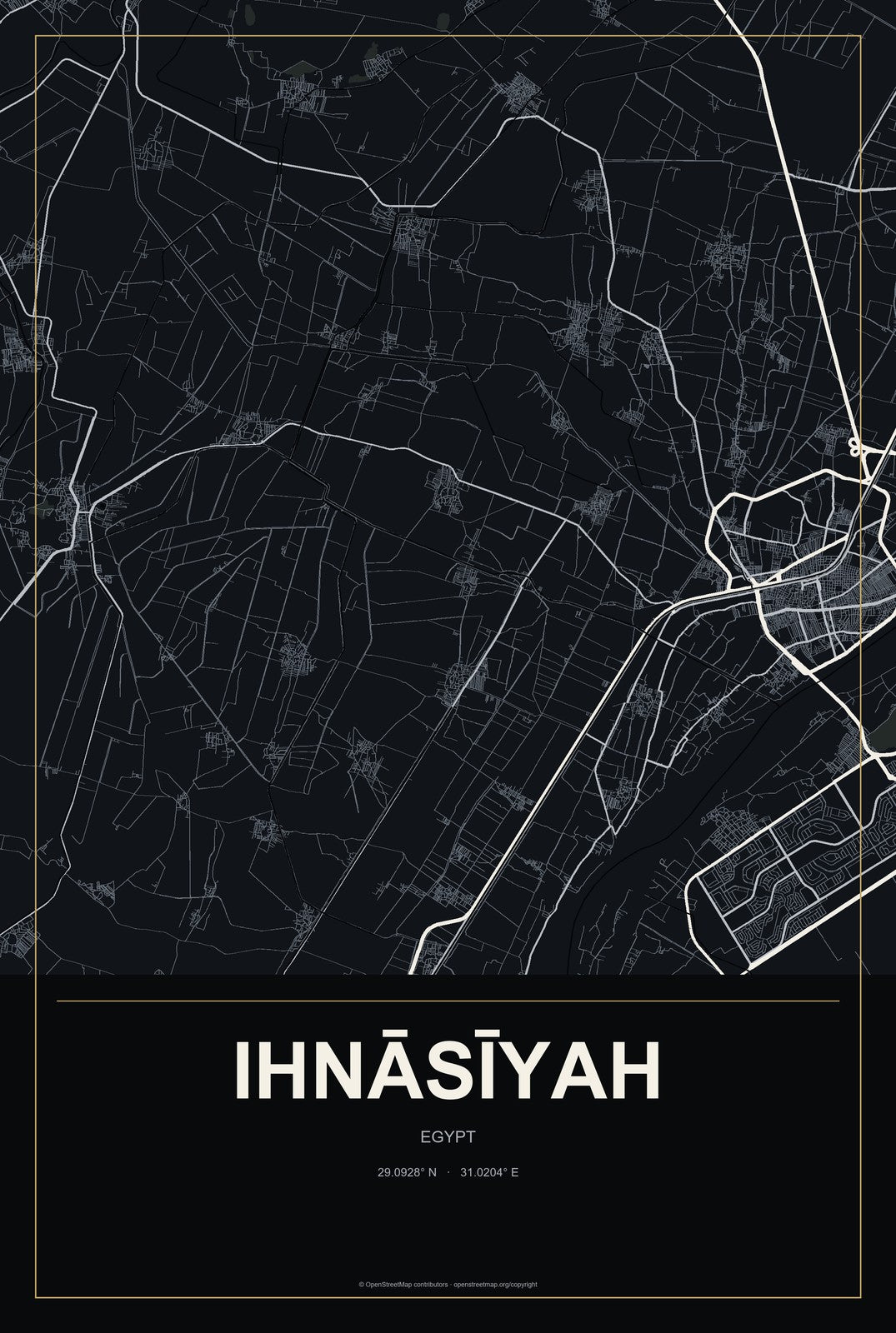 Ihnāsīyah, Egypt City Map Aluminum Sign in Metropolitan Noir style
