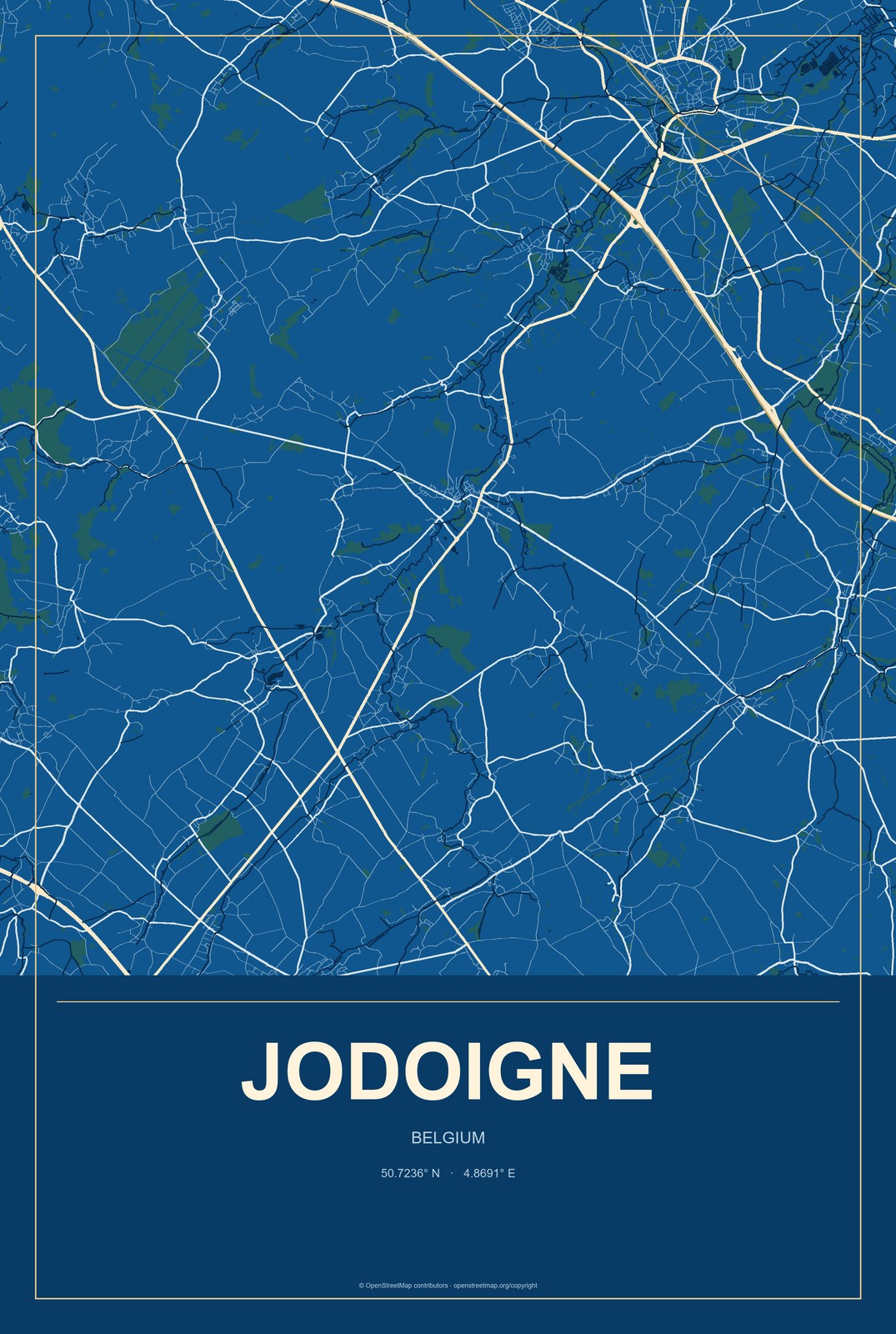 Jodoigne, Belgium City Map Aluminum Sign in Harbor Cobalt style